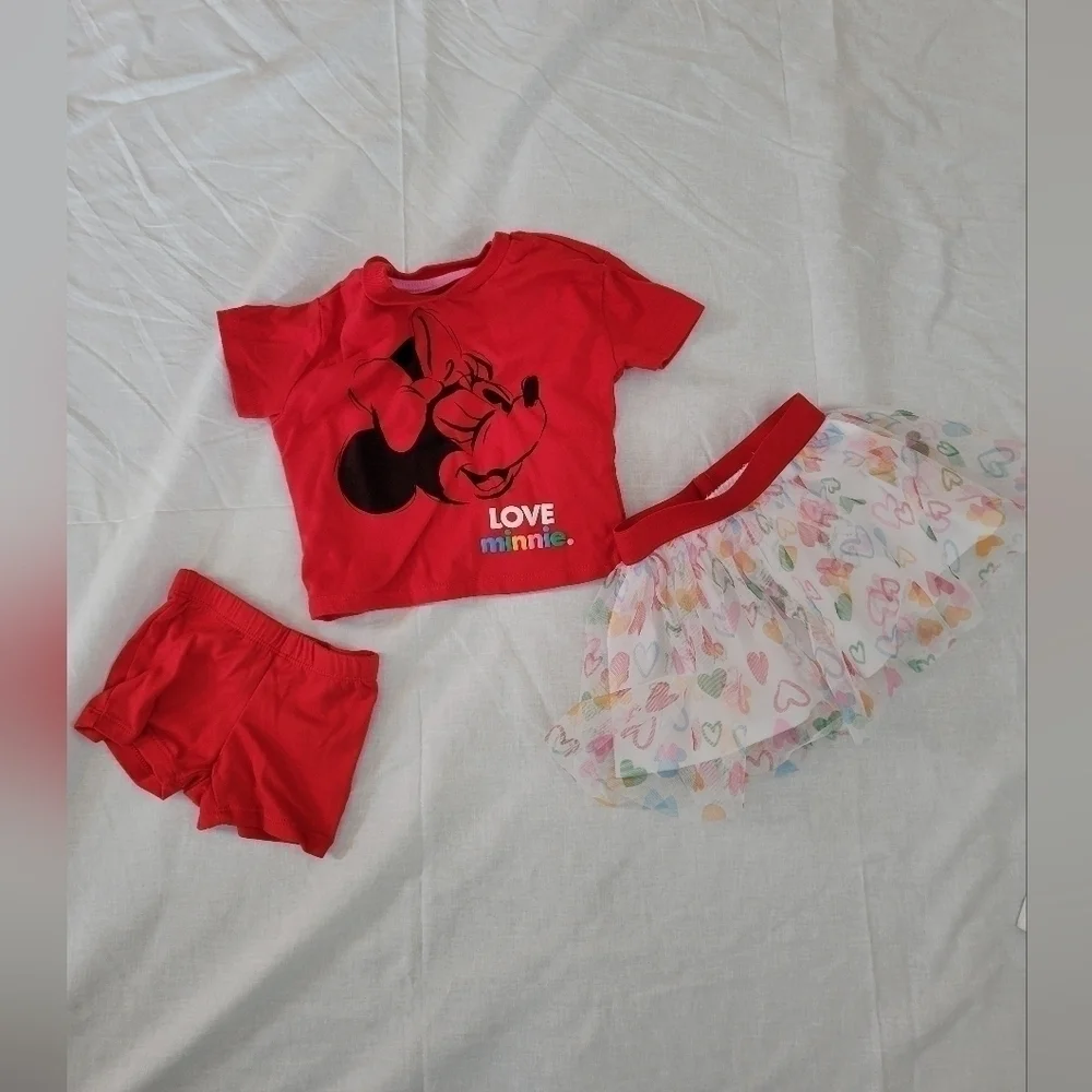 Disney Junior 3pc Minnie Mouse red w/hearts short sleeve, shorts, & skirt 12m